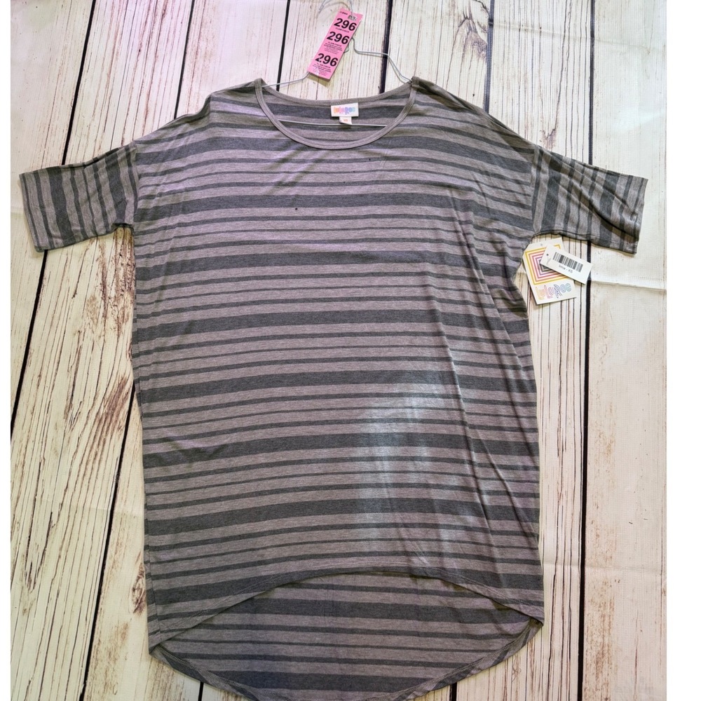 LuLaRoe Irma Tunic Top Womens XS Gray Purple Striped High Low Short Sleeve NWT